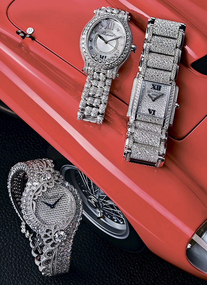 Часы Chopard High Jewellery в корпусе из белого золота с бриллиантами, часы Chopard Happy Sport в корпусе из белого золота с бриллиантами и часы Patek Philippe Twenty 4 в корпусе из белого золота с бриллиантами