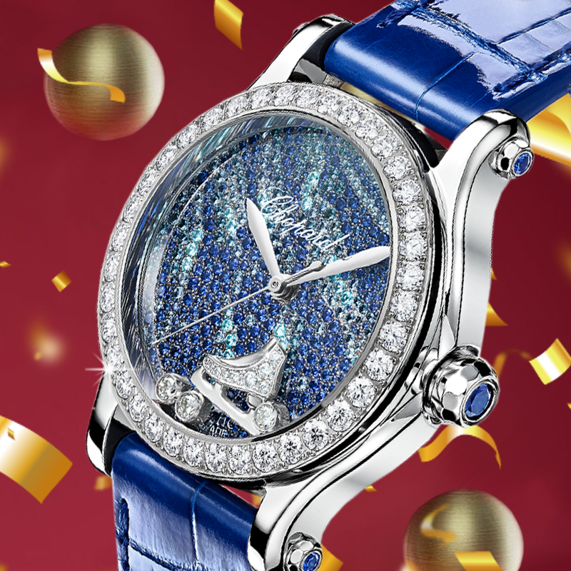 Часы Chopard Happy Sport Tatiana Navka в 36 мм корпусе из белого золота с бриллиантами по безелю, 3 плавающими бриллиантами и драгоценные коньком. Циферблат украшен бриллиантами, топазами, турмалинами и сапфирами. Ограниченная серия: 5 шт.