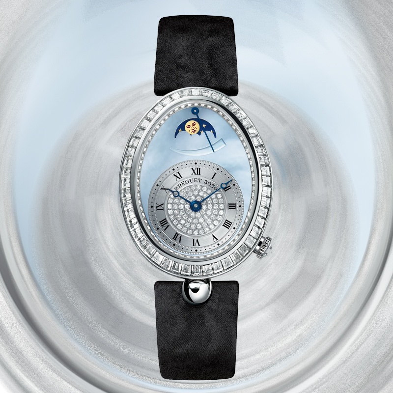 Часы Breguet Queen of Naples в корпусе из белого золота с бриллиантами на безеле и циферблате. Оснащены индикатором запаса хода и лунным календарем Часы Breguet Queen of Naples в корпусе из белого золота с бриллиантами на безеле и циферблате. Оснащены индикатором запаса хода и лунным календарем