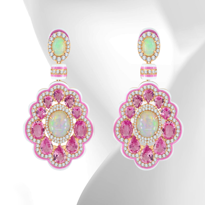 Серьги Sutra Jewels Classic из розового золота с бриллиантами, розовыми сапфирами, опалами и керамикой