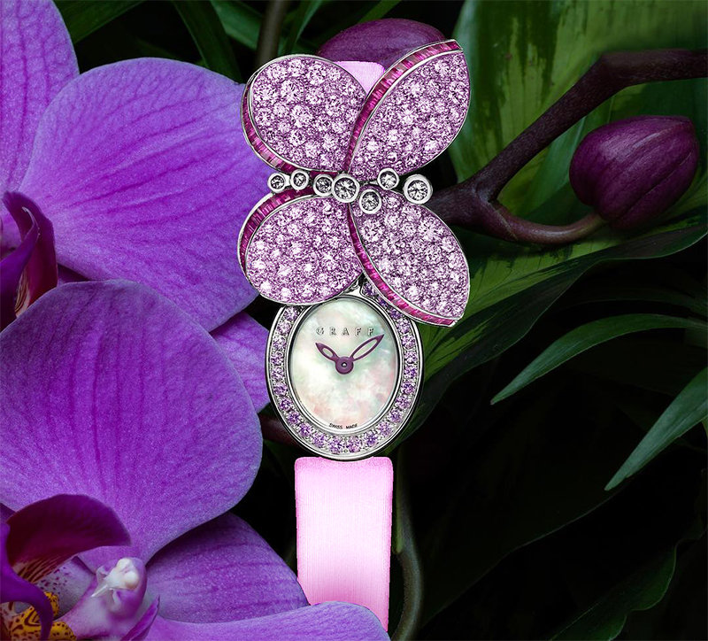 Часы Graff Diamond Butterfly в 18 мм корпусе из белого золота с бриллиантами и розовыми сапфирами