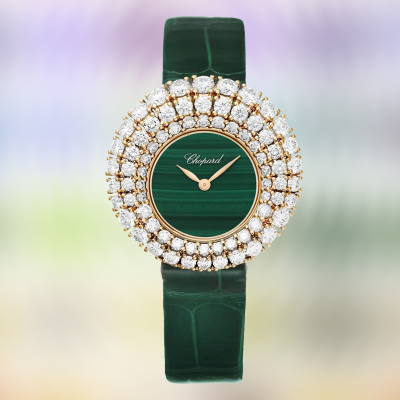 Часы Chopard L'Heure du Diamant в 33 мм корпусе из розового золота с бриллиантами на корпусе и малахитовым циферблатом Часы Chopard L'Heure du Diamant в 33 мм корпусе из розового золота с бриллиантами на корпусе и малахитовым циферблатом