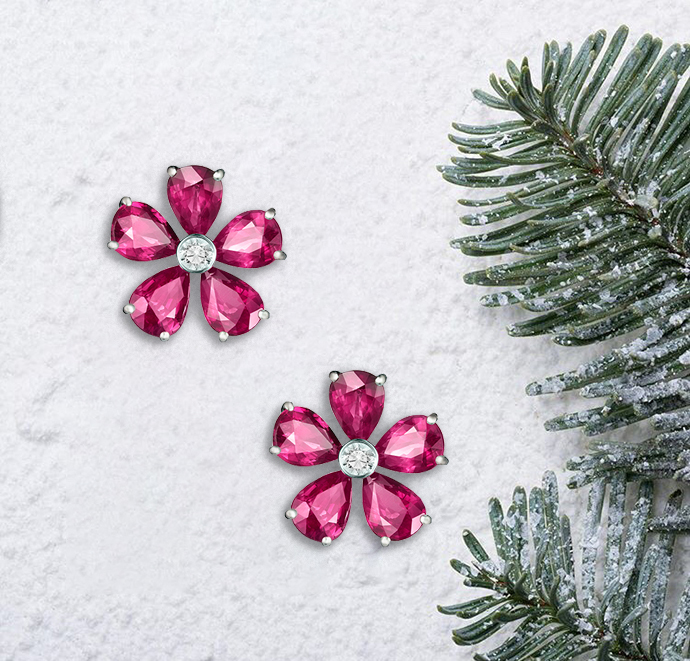 Серьги-гвоздики Mercury Color Flower из белого золота с бриллиантами и рубинами