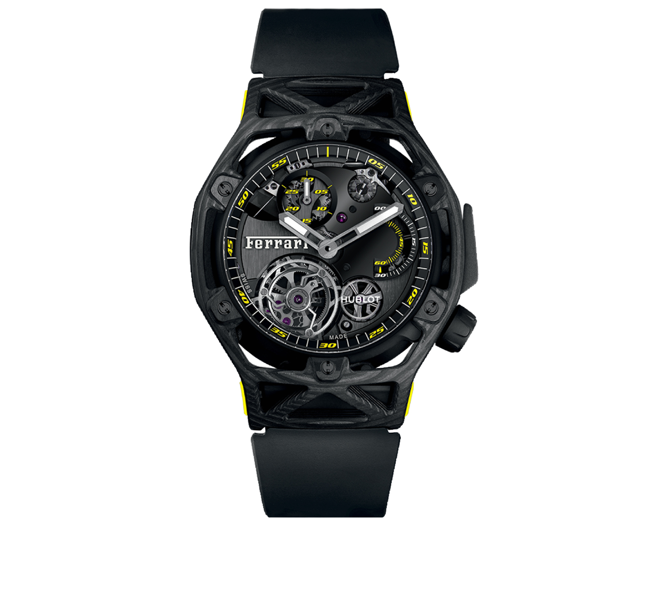 Часы Techframe Ferrari Tourbillon Chronograph Carbon Yellow HUBLOT Big Bang 408.QU.0129.RX - фото 1 – Mercury
